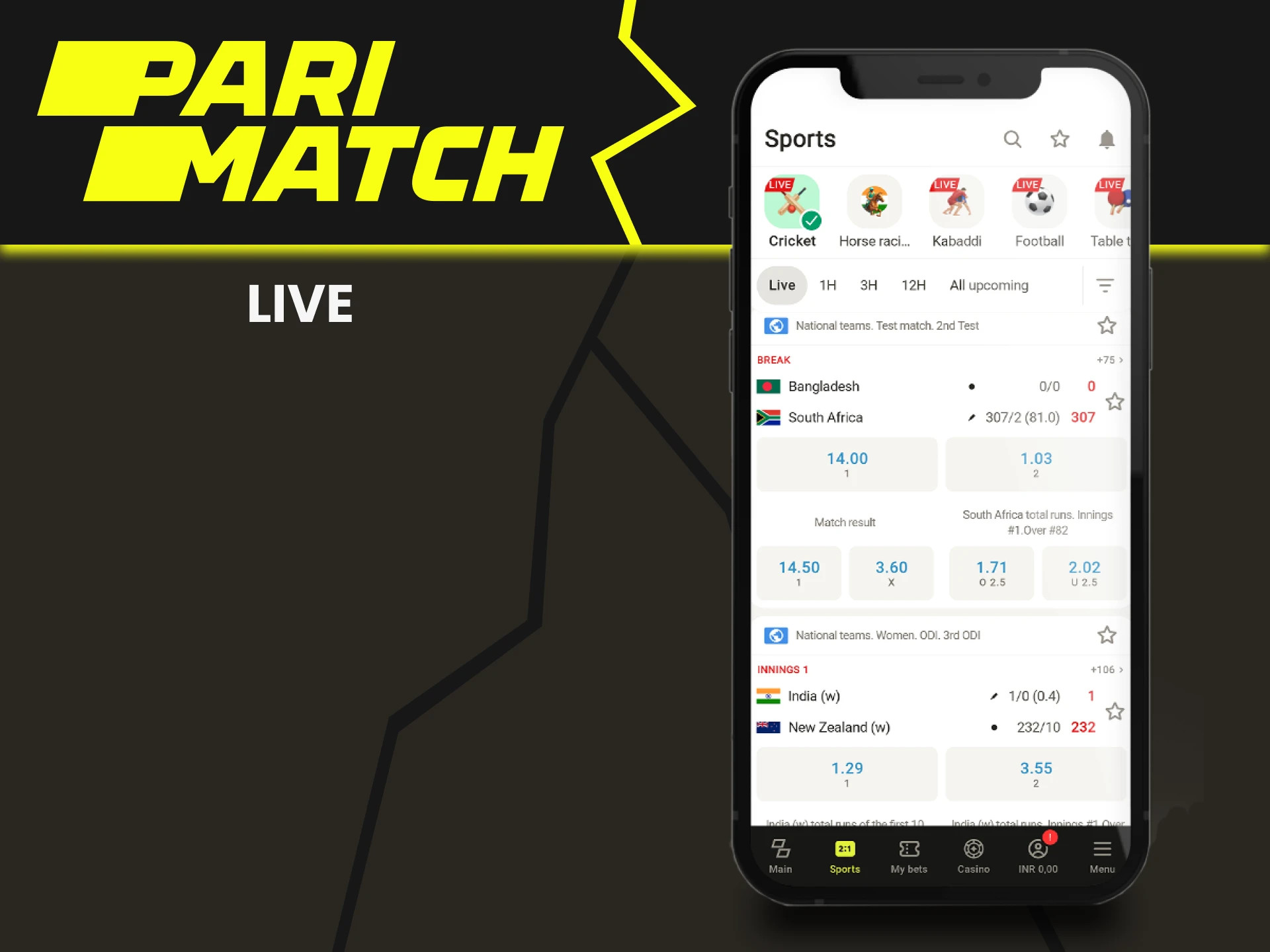 Choose live cricket events to bet on Parimatch.