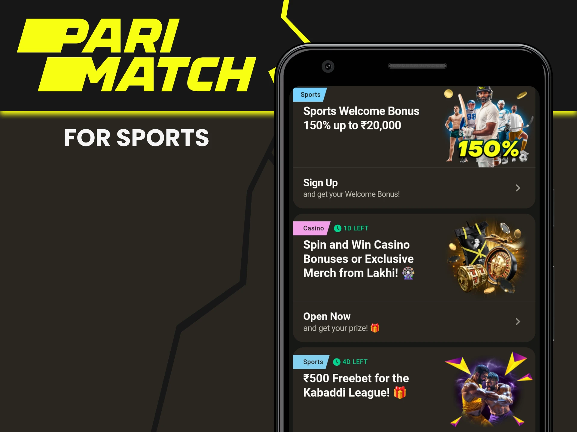 Parimatch gives a welcome bonus for sports.