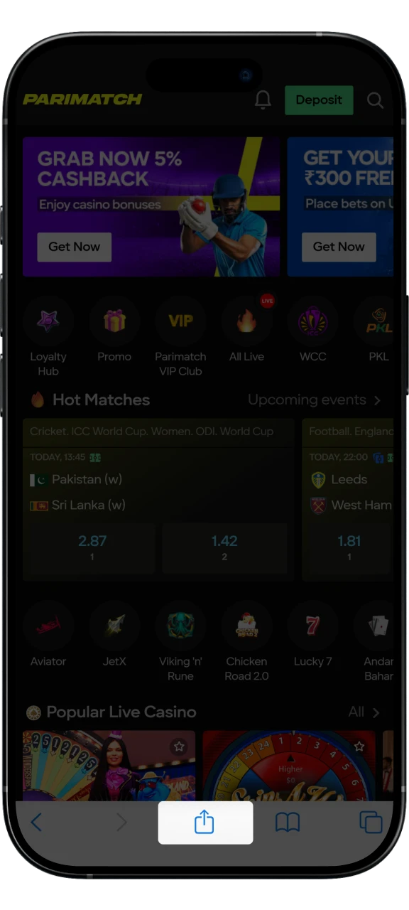 Tap Share to open the menu and add Parimatch to your home screen.