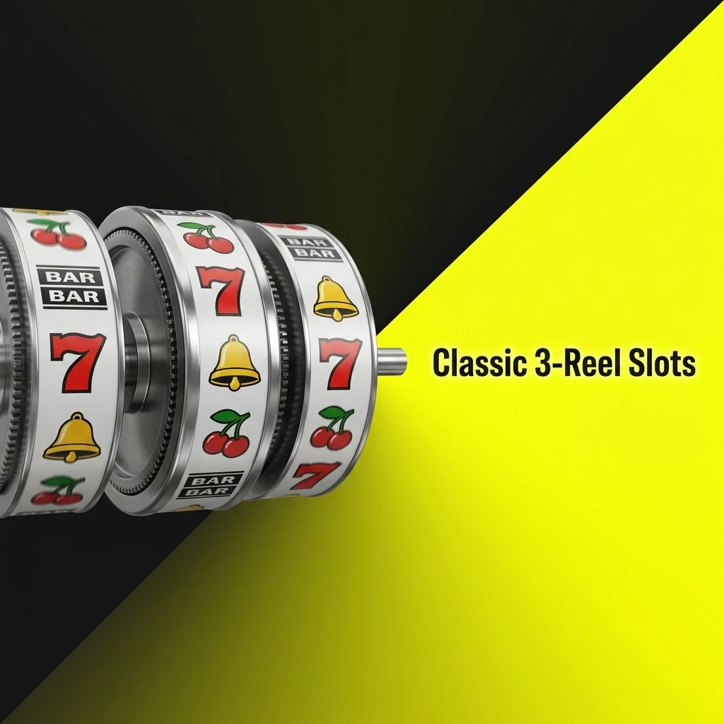 Classic 3-reel slot machine with fruit, bar, bell, and seven symbols on a simple three-reel layout