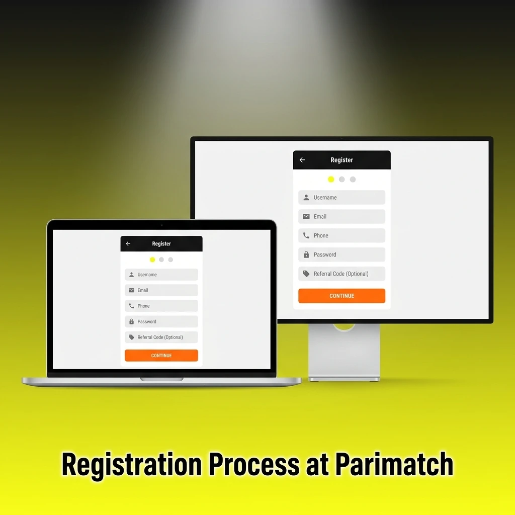 Parimatch registration process showing sign-up steps including email, phone, and one-click options for Indian players